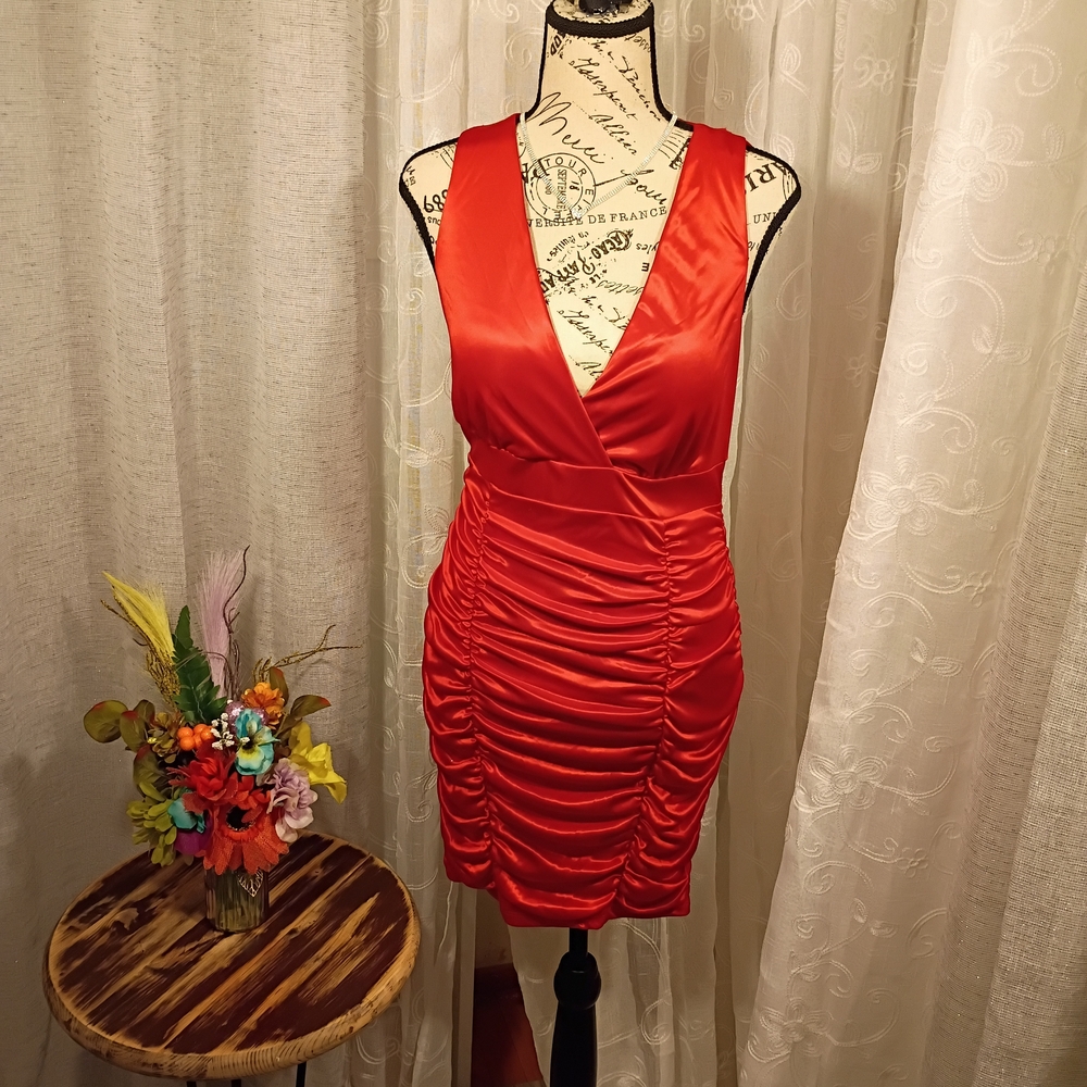 Charlotte Russe Vibrant Red Satin Ruched V-Neck Mini Dress